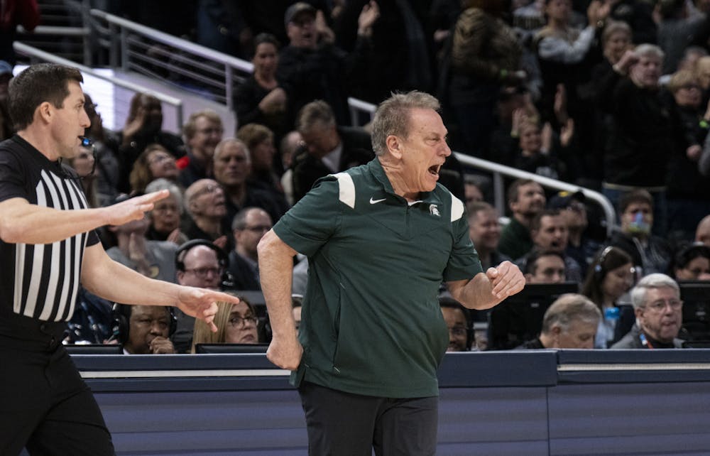 <p>Head Coach Tom Izzo reacts after a personal foul called on senior center Marcus Bingham Jr. in Michigan State&#x27;s match against the Purdue Boilermakers in the semifinals of the B1G tournament at Gainbridge Fieldhouse in Indianapolis. - March 12, 2022</p>
