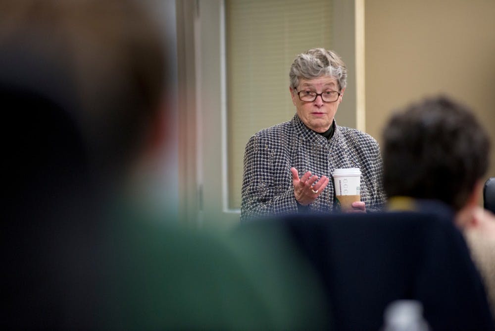 President Lou Anna K. Simon speaks to the council during an ASMSU council meeting on Jan. 21, 2016 at Student Services.