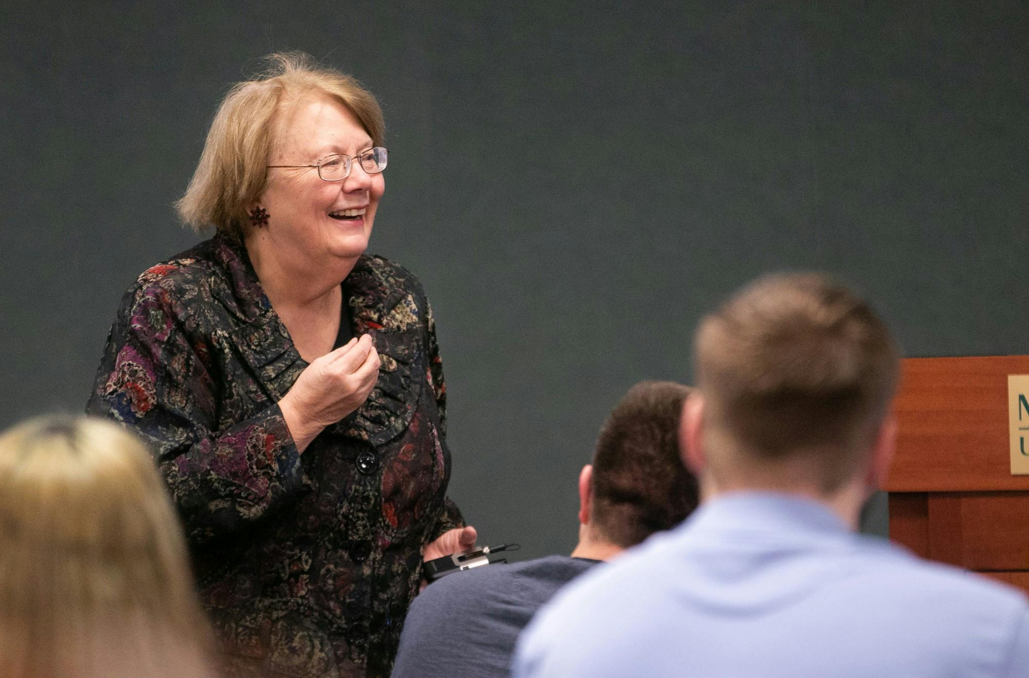 Interim provost Teresa A. Sullivan speaks at the ASMSU meeting at the International Center Jan. 30, 2020.