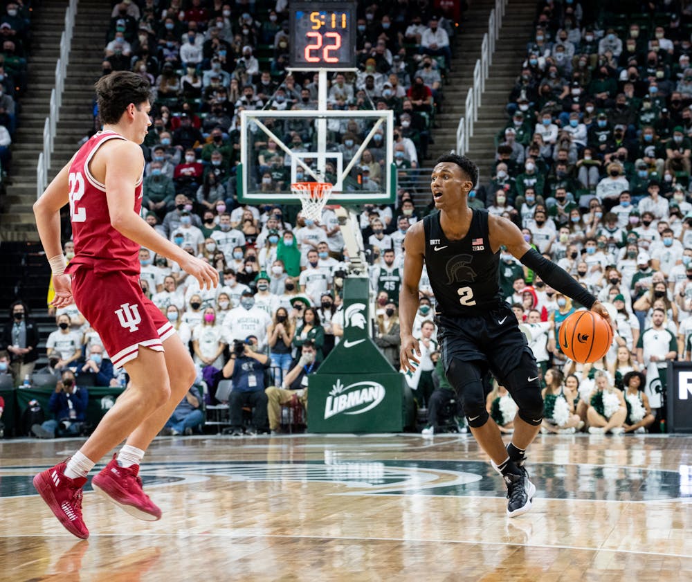 <p>Michigan State junior guard Tyson Walker (2) yells to a teammate during Michigan State&#x27;s victory over Indiana on Feb. 12, 2022.</p>
