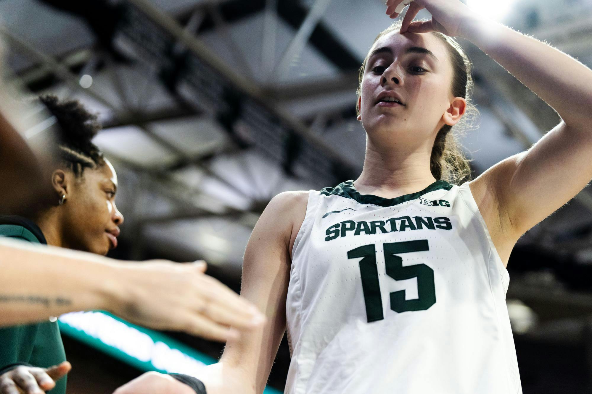 <p>Michigan State freshman center Inés Sotelo (15) walks to the bench at the Breslin Center on Feb. 9, 2025. Michigan State loses 71-61 to University of Michigan.</p>