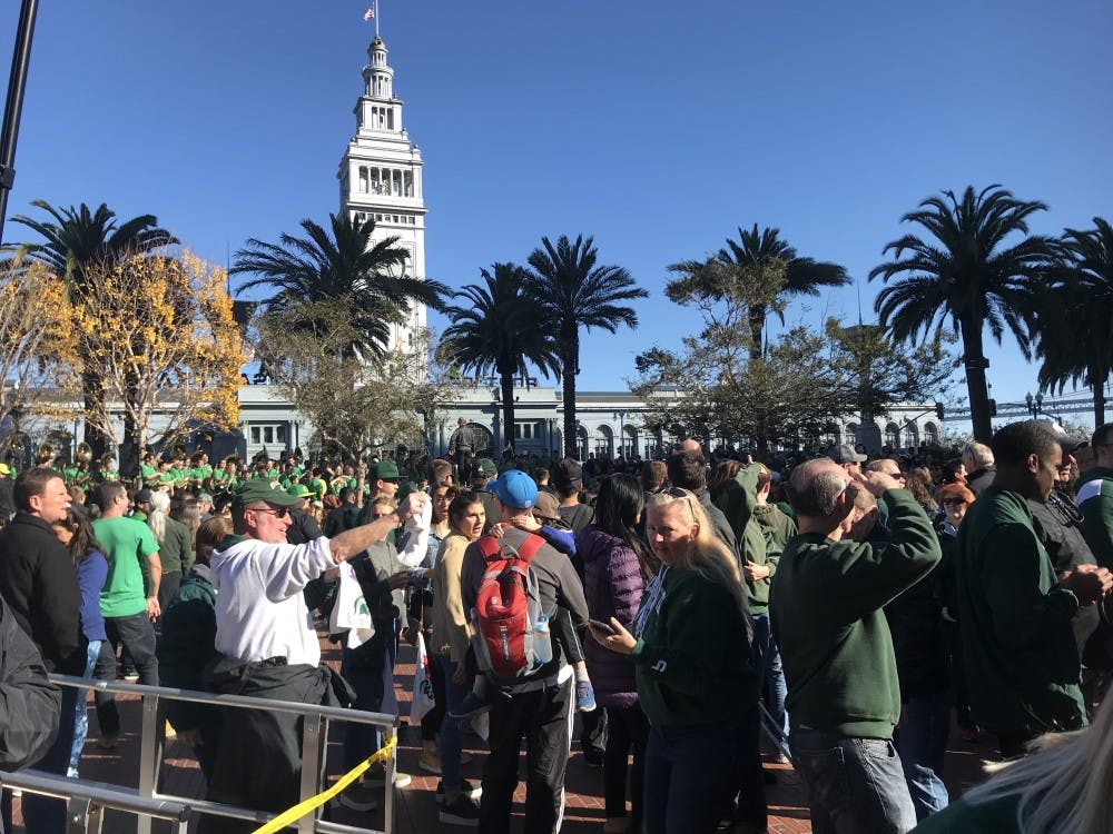 Fans gather in Justin Herman Plaza in San Franciso for the Redbox Bowl Fan Pep Rally on Sunday, Dec. 30, 2018. The Spartans will take on the Oregon Ducks in the Redbox Bowl on Dec. 31.