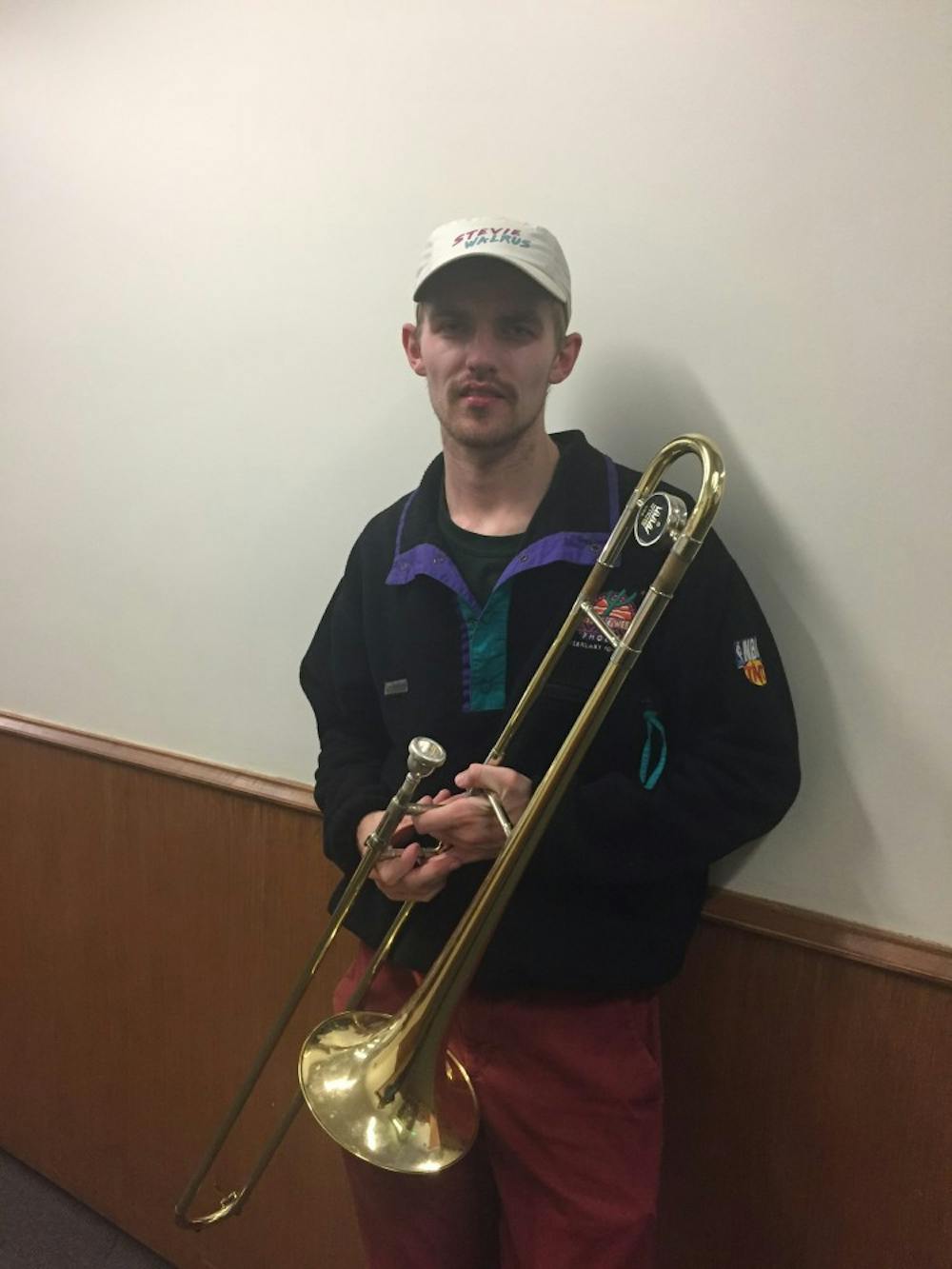 <p>Electrical engineering senior Mike Giles goes by the stage name, "Stevie Walrus." He uses his trombone to play over popular music tracks such as&nbsp;“Broccoli” by D.R.A.M.</p>