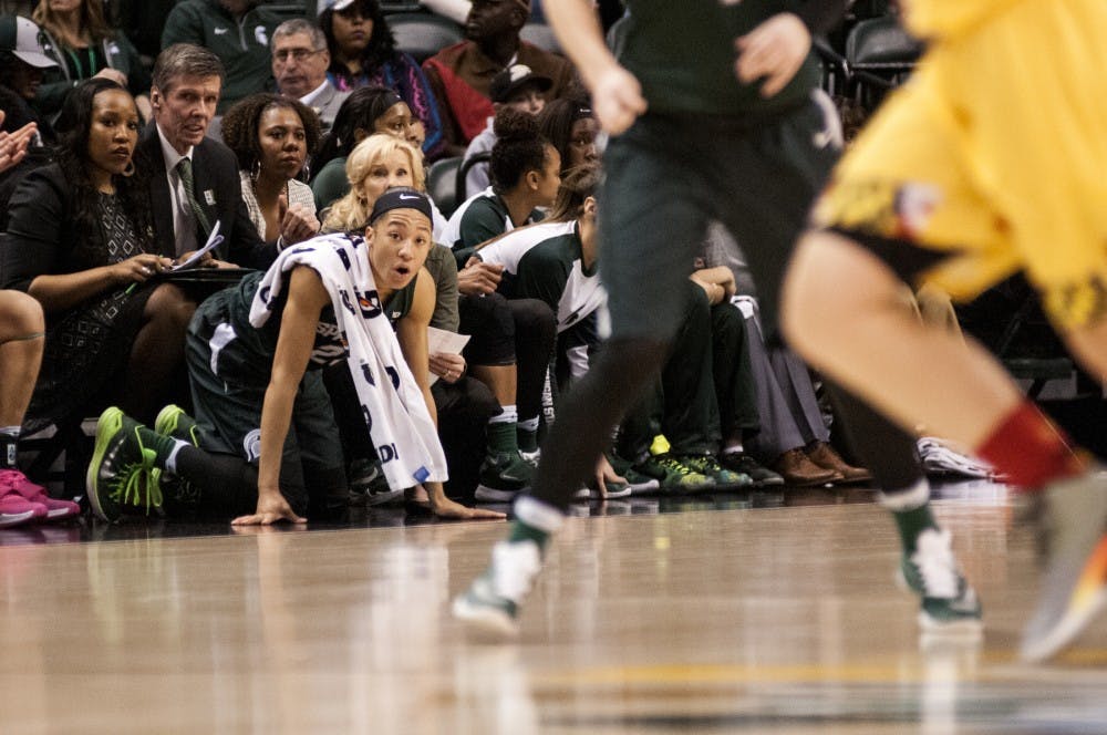 Junior forward Aerial Powers shows emotion during the Big Ten Women’s Basketball Tournament championship game against the University of Maryland on March 6, 2016 at Bankers Life Fieldhouse in Indianapolis. The Spartans were defeated by the Terrapins, 60-44. 