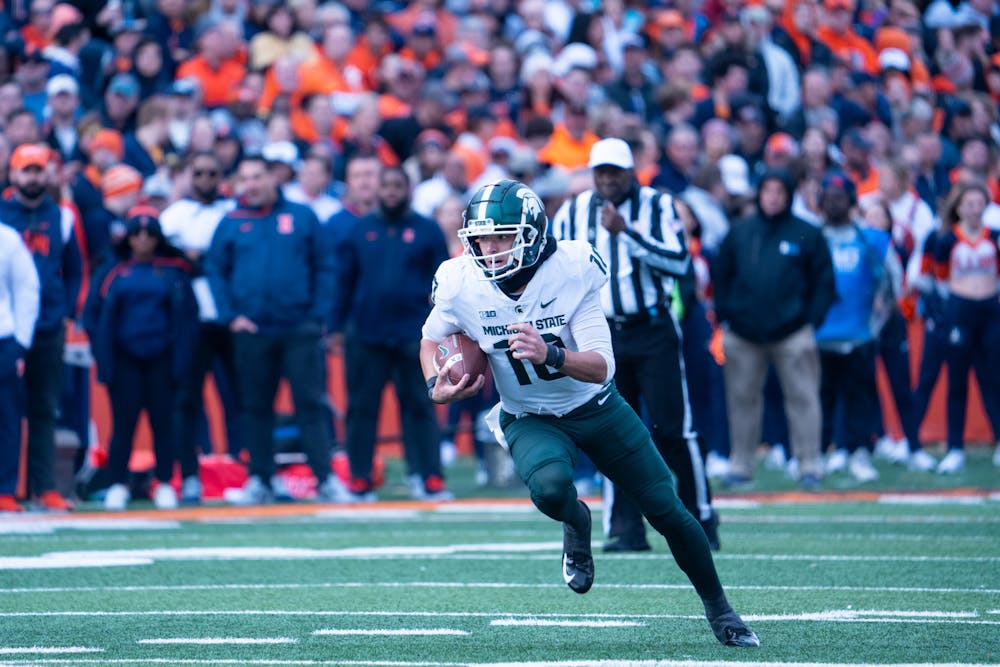 <p>Redshirt junior Peyton Thorne (10) runs down the field with the ball during first half of a game against University of Illinois at Memorial Stadium on Nov. 5, 2022. </p><p><br/><br/><br/></p>