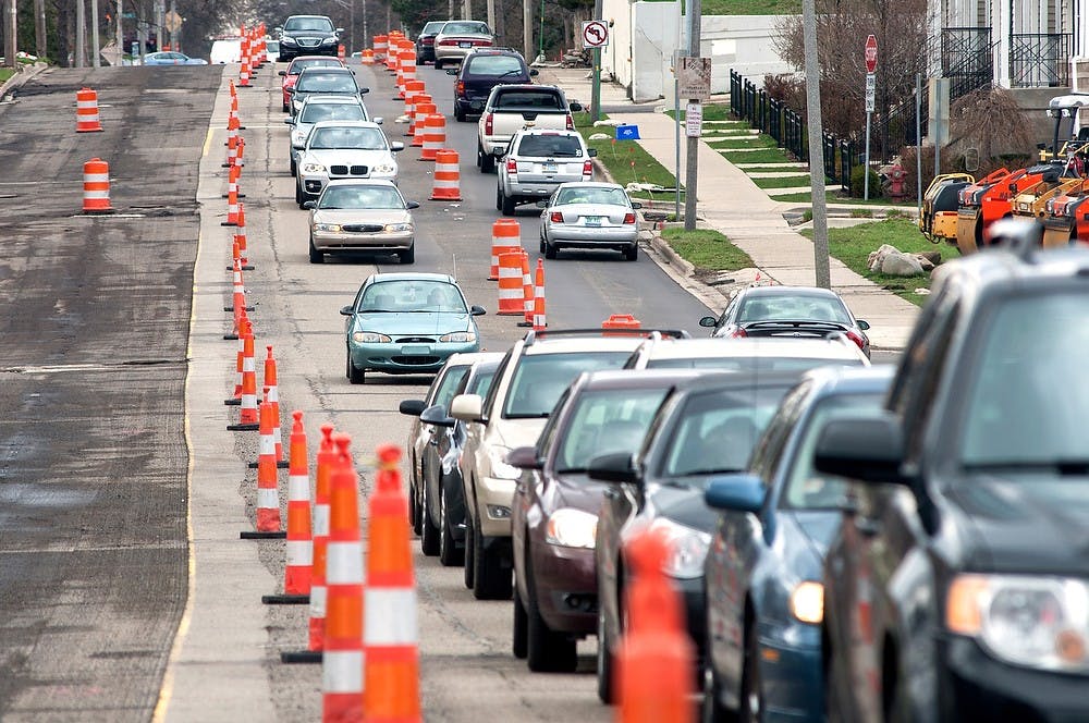 	<p>Grand River Avenue is shown in this photo taken  April 24, 2013. The street is one of many that is under construction in East Lansing. Justin Wan/The State News</p>