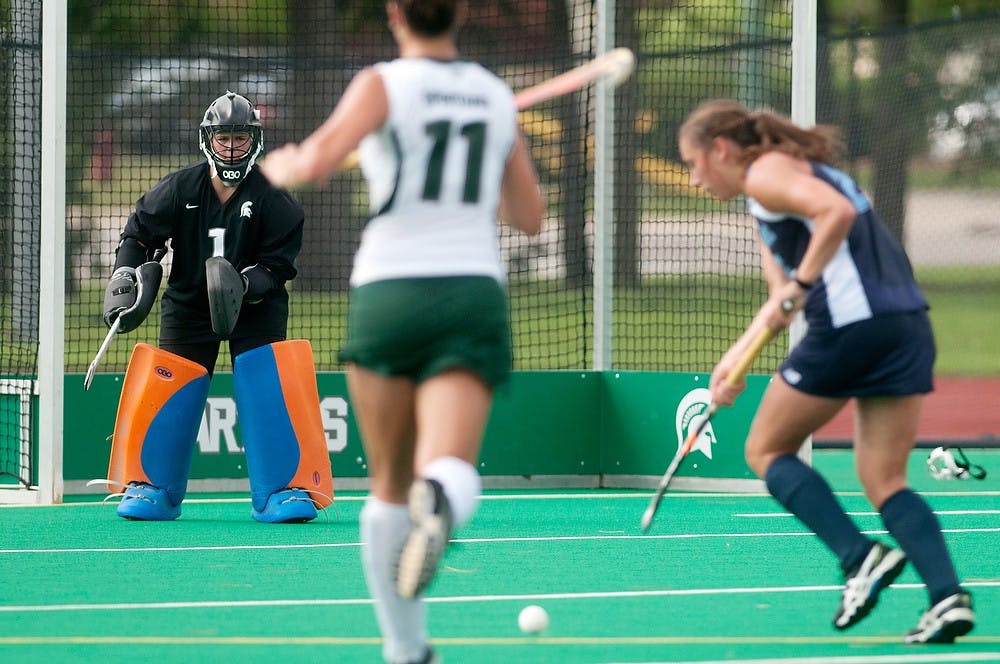 <p>Sophomore goalkeeper Sierra Patton watches the action up field during the game against Maine at the Ralph Young field on Aug. 31, 2014. The Spartans defeated the Bears 5-4 in overtime. Jessalyn Tamez/The State News </p>