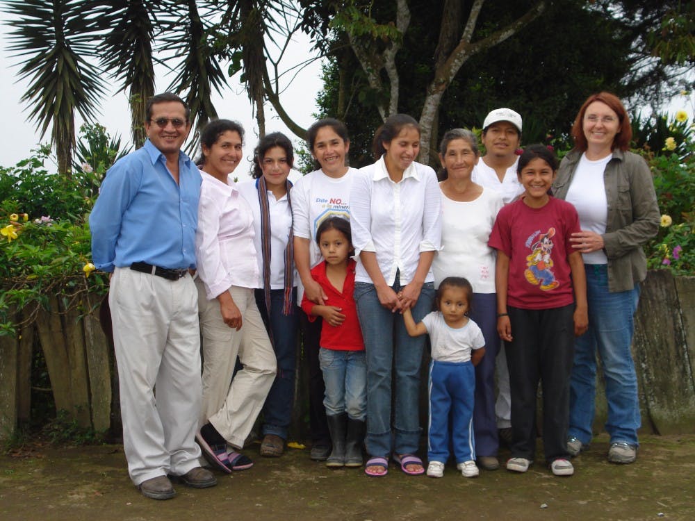 <p><a href="http://broad.msu.edu/">Eli Broad College of Business</a> professor Paulette Stenzel (right)&nbsp;with members of El Rosal, a fair trade cooperative in the Intag region of Ecuador’s northern highlands.&nbsp;The women run the cooperative, making soaps, face creams, and other cosmetics&nbsp;that are completely organic from their gardens high in the cloud forest.</p>