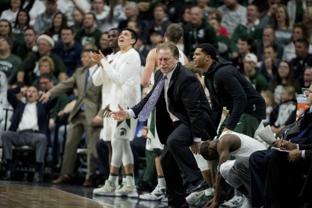 Head coach Tom Izzo reacts to a play during the first half of the game against Northeastern on Dec. 18, 2016 at Breslin Center. 