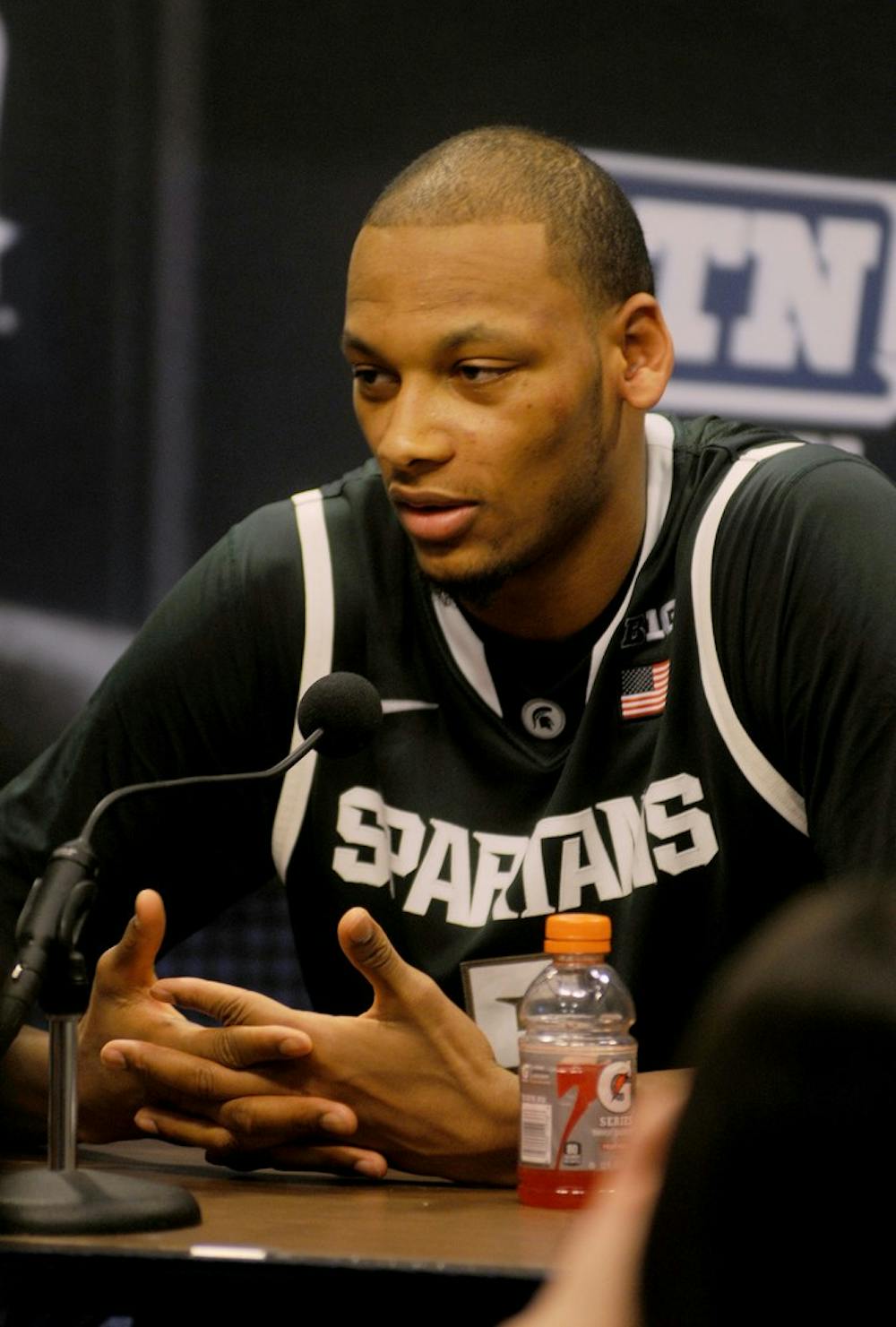 	<p>Junior center Adreian Payne discusses the details of the brawl between himself and a fellow Michigan State player during a press conference after the Spartans win against the Nittany Lions on Wednesday night.  Photo courtesy David Reiling/The Daily Collegian</p>