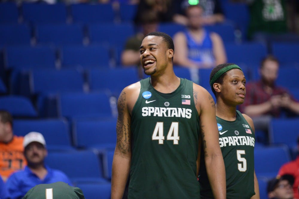 Freshman forward Nick Ward (44) express emotion the second half of the game against University of Miami (Fla.) in the first round of the Men's NCAA Tournament on March 17, 2017 at  at the BOK Center in Tulsa, Okla.The Spartans defeated  the Hurricanes, 78-58.