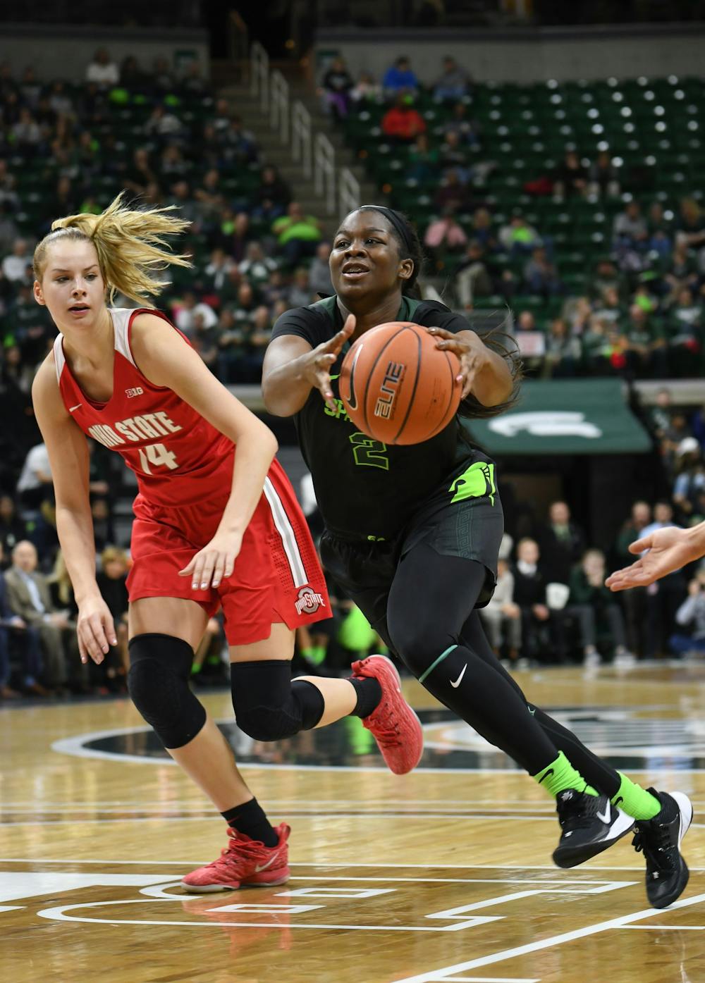 Redshirt junior forward Mardrekia Cook (2) receives a pass during the women's basketball game against Ohio State on January 16, 2019. The Spartans defeated the Buckeyes 68-65. 