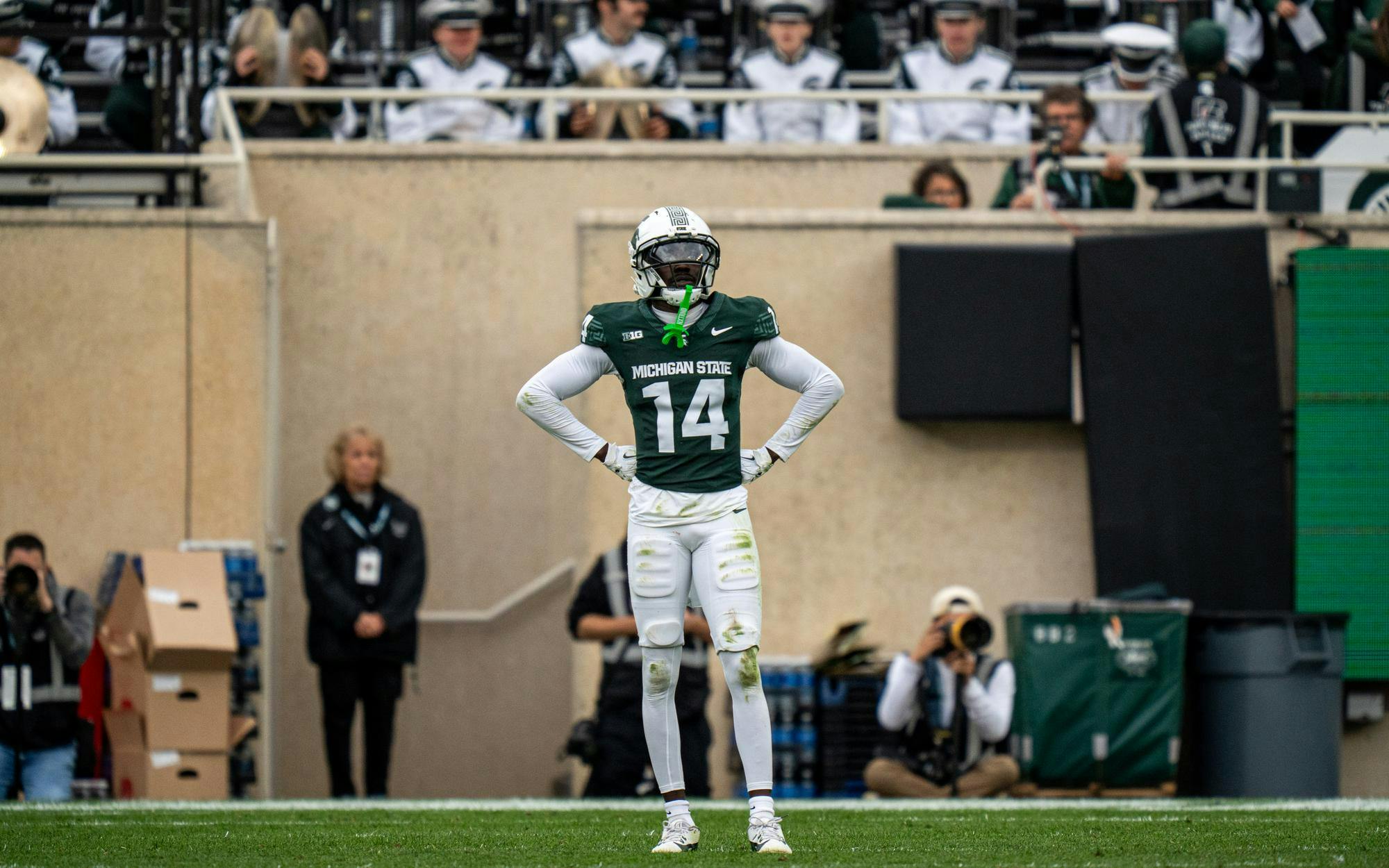 <p>MSU Malcolm Bell DB (14) looks to the board as the referees watch a replay of a call at Spartan Stadium in East Lansing, Michigan on Oct. 11, 2025.</p>