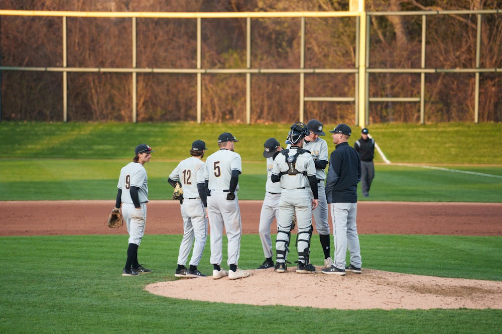 Purdue Fort Wayne players having a meeting on the pitcher mound. Michigan State won 7-4 against Purdue Fort Wayne at the McLane Stadium, on Apr. 27, 2022.