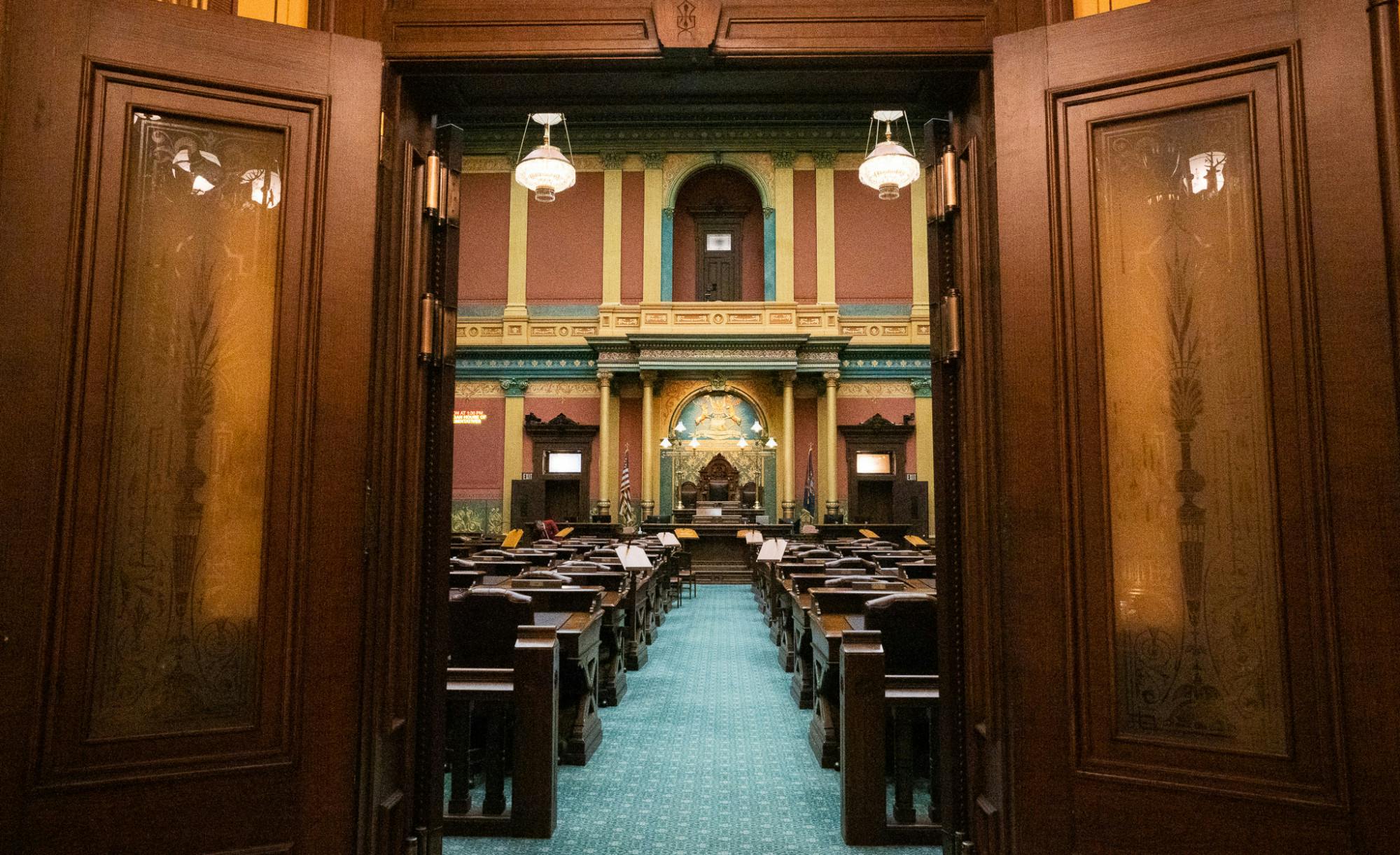 An empty House Chamber at the Michigan State Capitol on Feb. 15, 2023. 