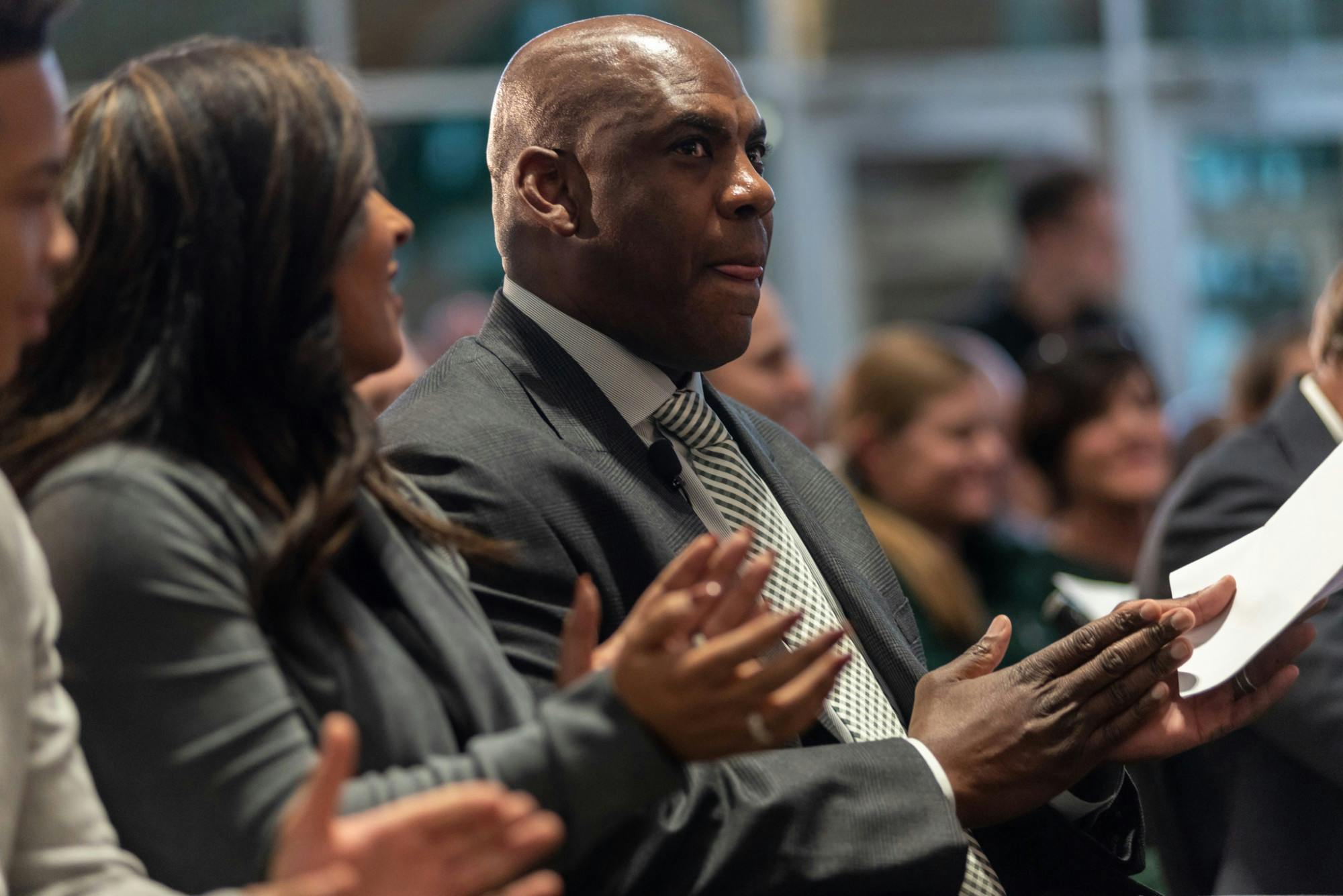 New head football coach Mel Tucker waits to speak at his introductory press conference at the Breslin Student Events Center on February 12, 2020.