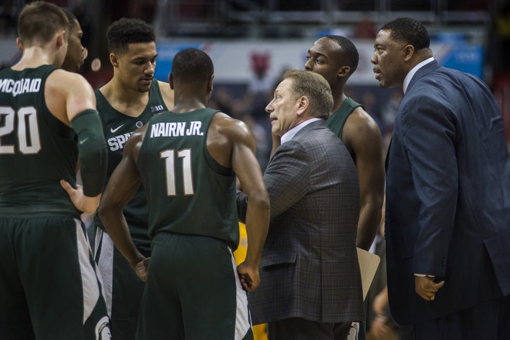 Head coach Tom Izzo speaks with the Spartans during the second half of the game against Minnesota in the third round of the Big Ten Tournament on March 10, 2017 at Verizon Center in Washington D.C. The Spartans were defeated by the Golden Gophers, 63-58.