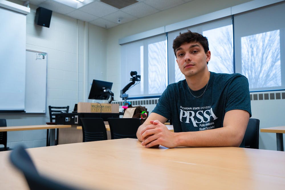 <p>PR senior Cameron Oade, president of MSU’s division of the PRSSA, sits down for a portrait in Room 151 of the Communication Arts and Sciences Building on March 26, 2024.</p>