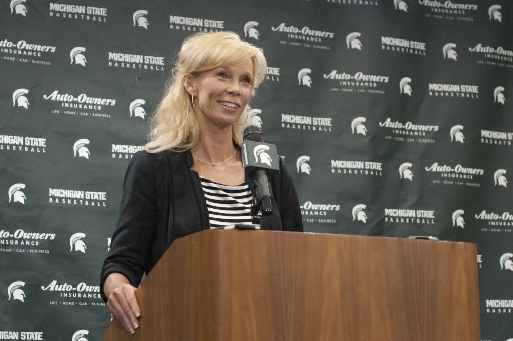 Head coach Suzy Merchant answers a question during Women's Basketball media day on Oct. 19, 2016 in the Breslin Center. 