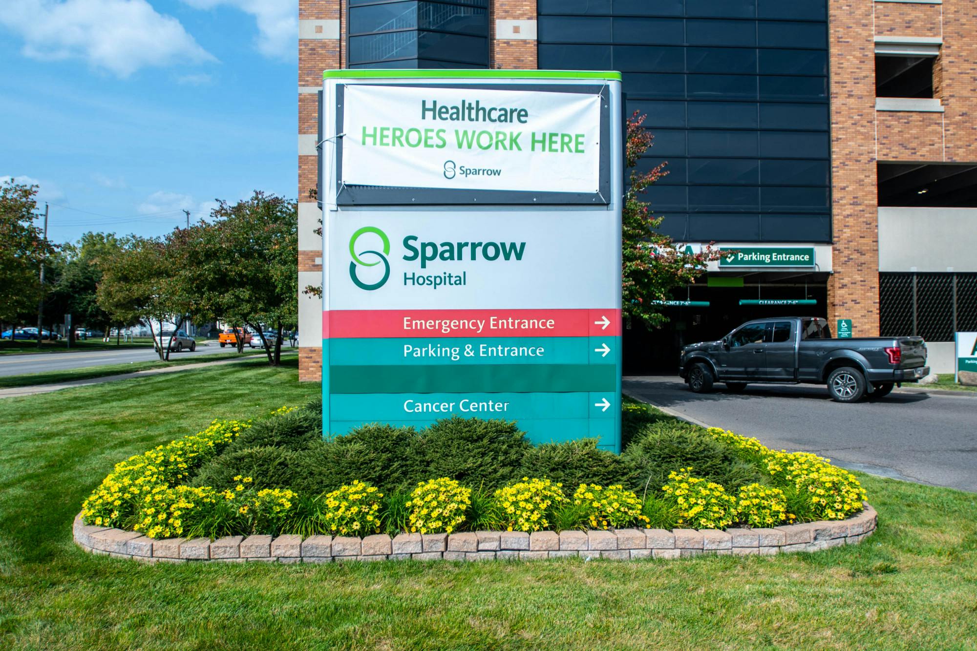 <p>The exterior of Sparrow Hospital in Lansing, Michigan, on Sept. 23, 2020.</p>