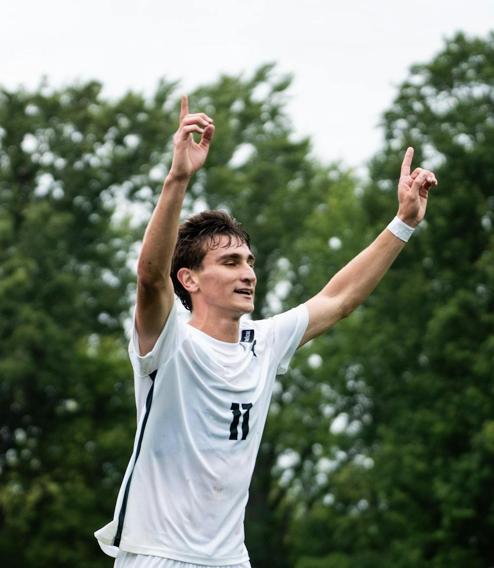 <p>MSU sophomore midfielder, Luke Spadafora (11) celebrates after scoring a goal against the Niagara Eagles at DeMartin Stadium in East Lansing, Mich., on Sunday, Aug 30, 2026.</p>