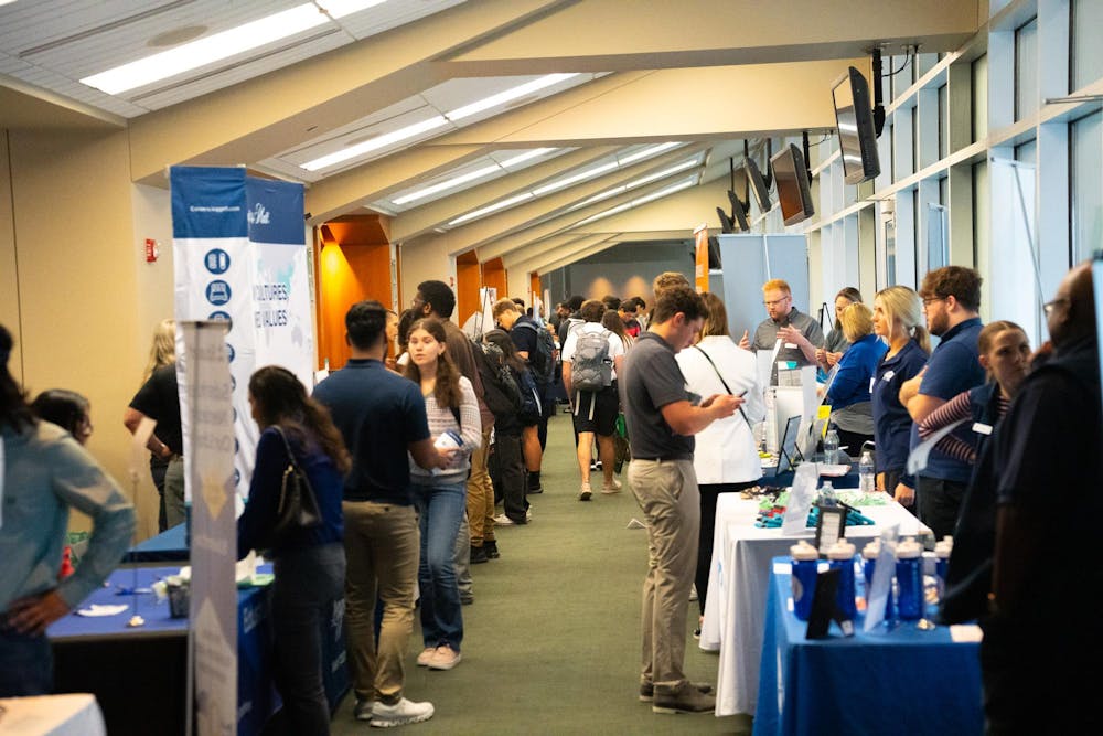 Students checking out booths at the MSU Local Job and Internship Fair held at the Spartan Stadium Office Tower on Sep 7, 2023. 