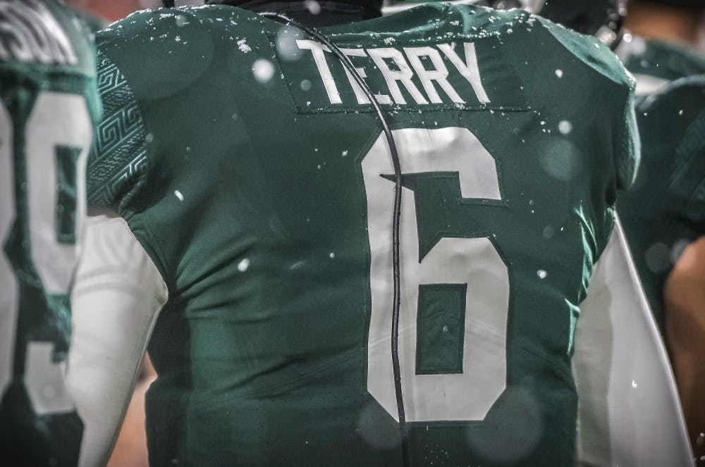 The back of senior quarterback Damion Terry (6) is pictured during the game against Maryland on Nov. 18, 2017, at Spartan Stadium. The Spartans defeated the Terrapins, 17-7.