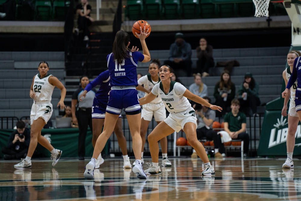 Michigan State University sophomore guard Abbey Kimball (2) guarding the ball at the game against Northwestern University at the Breslin Center on Jan. 17, 2024.

