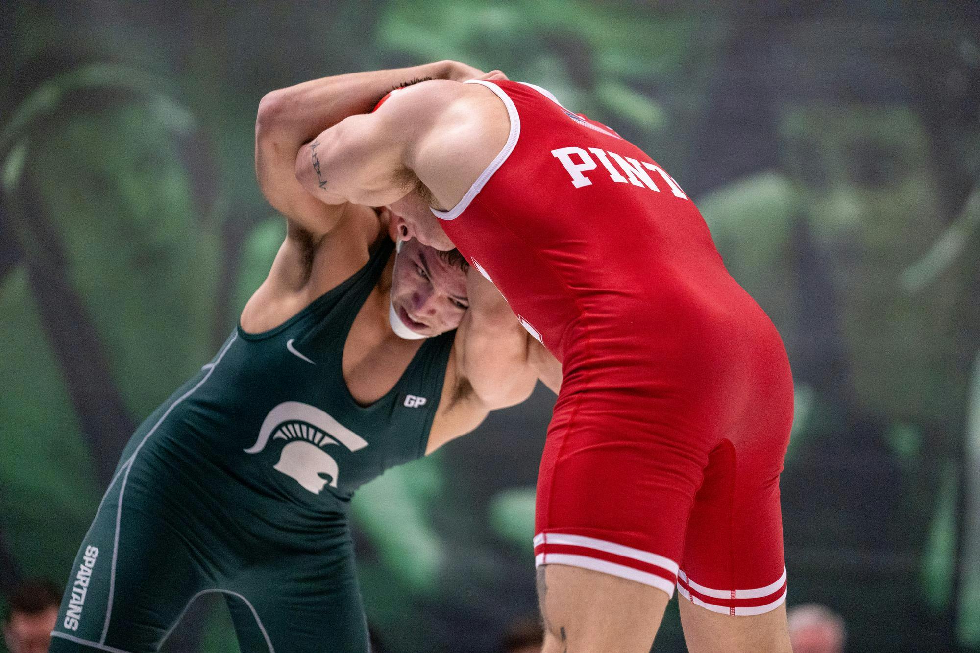 <p>MSU sophomore Ceasar Garza faces off against a Nebraska opponent at the Jenison Fieldhouse on Jan. 26, 2025.</p>