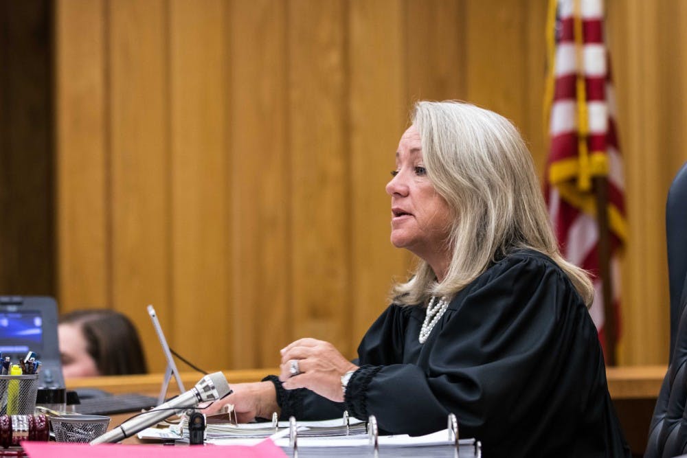 Judge Janice Cunningham adresses the court at the beginning of the first day of sentencing for Larry Nassar on Jan. 31, 2018, in the Eaton County courtroom. Nassar faces three counts of criminal sexual conduct in Eaton County.