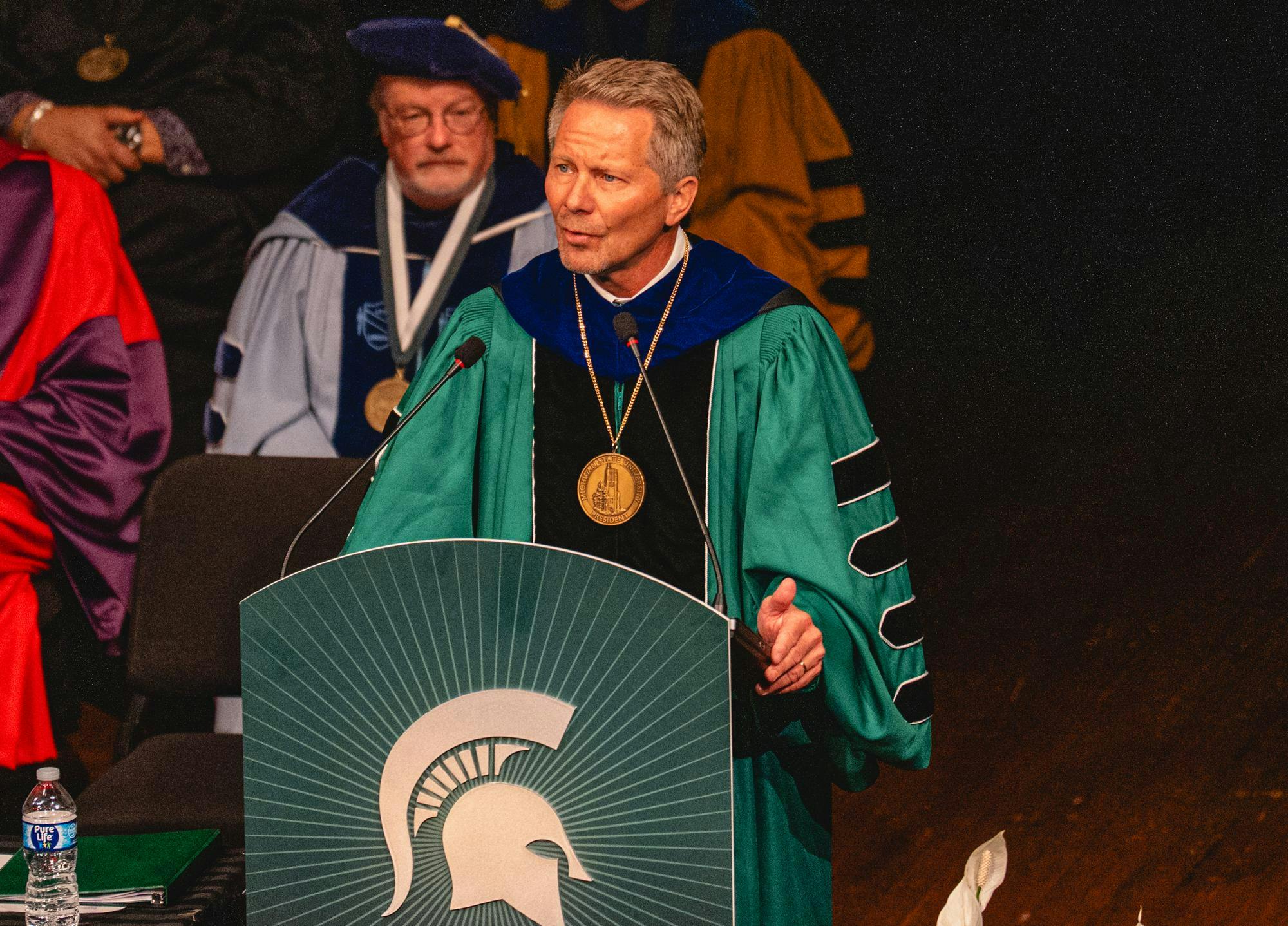 MSU President Guskiewicz speaks to a crowd at the 
Wharton Center for Performing Arts in East Lansing, MI on Sept. 30 2025.