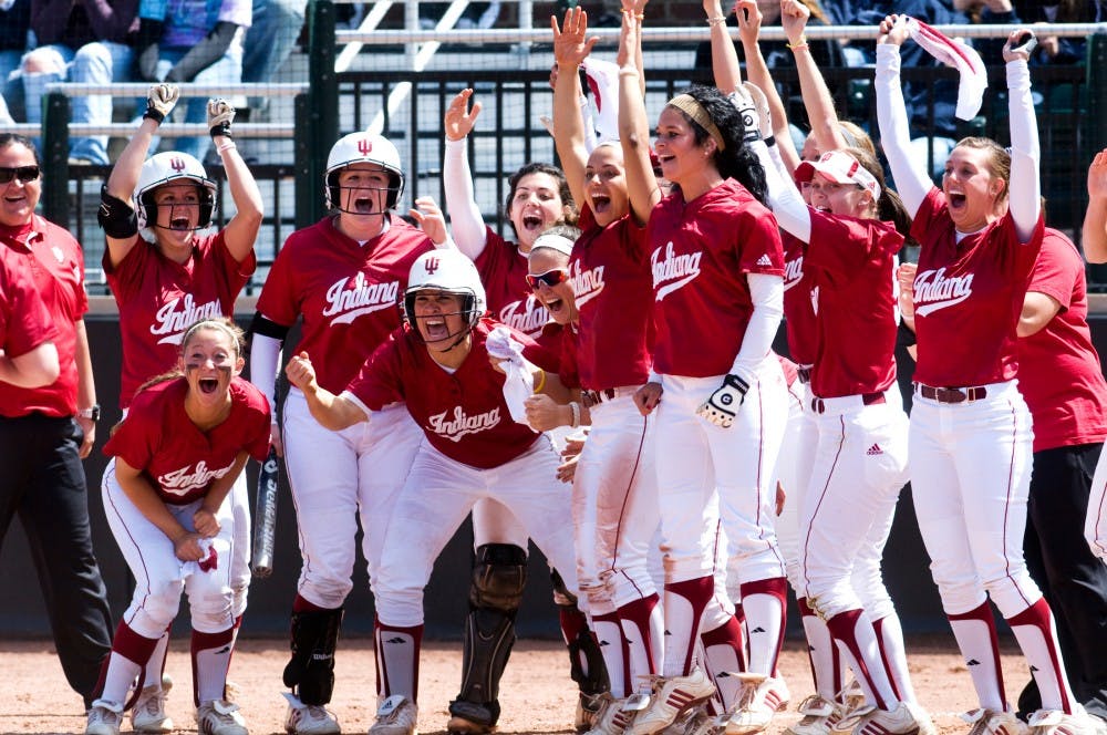 	<p>The Indiana softball team cheers as pitcher Morgan Melloh runs toward home plate after hitting a home run Saturday afternoon at Secchia Stadium. The Spartans lost Saturday&#8217;s game to Indiana, 7-2. Matt Hallowell/The State News</p>