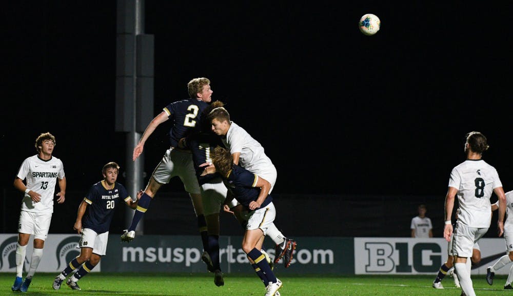 Notre Damn sophomore defender Phillip Quinton (2) makes a header during the game at DeMartin field on September 24, 2019. The Spartans lost to the Fighting Irish 0-1. 