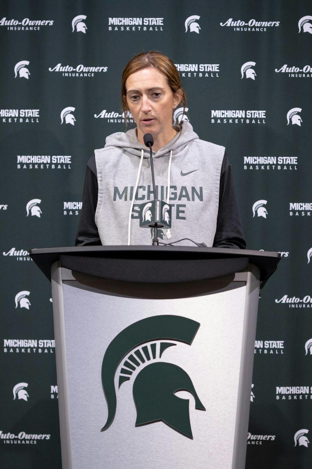 <p>Michigan State head women's basketball coach Robyn Fralick speaks during MSU's first practice press conference at the Breslin Center in East Lansing, Mich., on Tuesday, Sept. 22, 2026.</p>