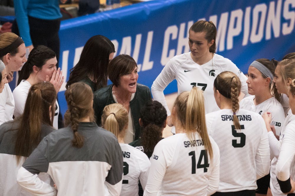 Head coach Cathy George talks to the team during the game against Arizona on Dec. 3, 2016 at Jenison Field House. The Spartans were defeated by the Wildcats, 3-2.
