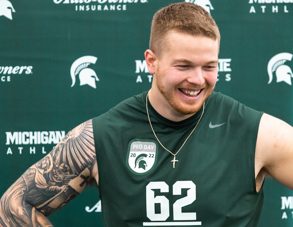 <p>Michigan State graduate student Luke Campbell during Pro Day press conferences as he shares his goal for Pro Day of raising money for The cure starts now charity, as well as some major inspirations though-out his football career, on Mar. 16, 2022 at the Duffy Daugherty Indoor Football Building.</p>