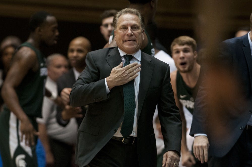 Head coach Tom Izzo watches the team during the first half game against Duke on Nov. 29, 2016 at Cameron Indoor Stadium in Durham, N.C. 