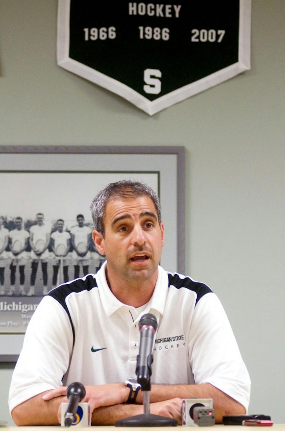 	<p><span class="caps">MSU</span> hockey head coach Tom Anastos answers questions during a media meet and greet held to introduce an all-new coaching staff Tuesday at Spartan Stadium. Anastos, along with assistant coaches Kelly Miller and Tom Newton, will lead the Spartans into the 2011-12 season. </p>