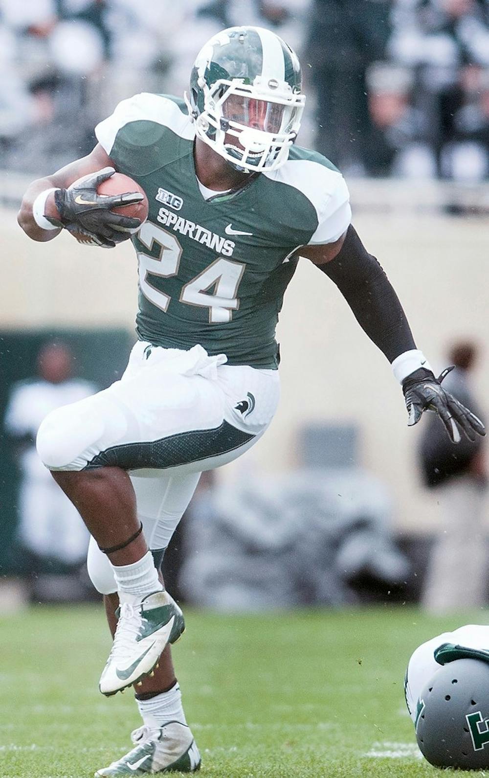 	<p>Junior running back Le&#8217;Veon Bell runs down the field during the game against Eastern at Spartan Stadium on Saturday, Sept. 22, 2012. The Spartans won 23-7. Julia Nagy/The State News</p>