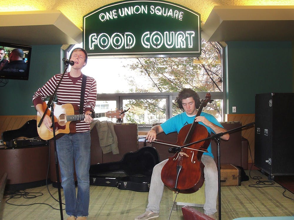 	<p>Former <span class="caps">MSU</span> student Jimmy Atto, left, and Mike Delorean of their band Highmay perform at Noontime Concert Series at the Union Food Court in this undated photo. </p>