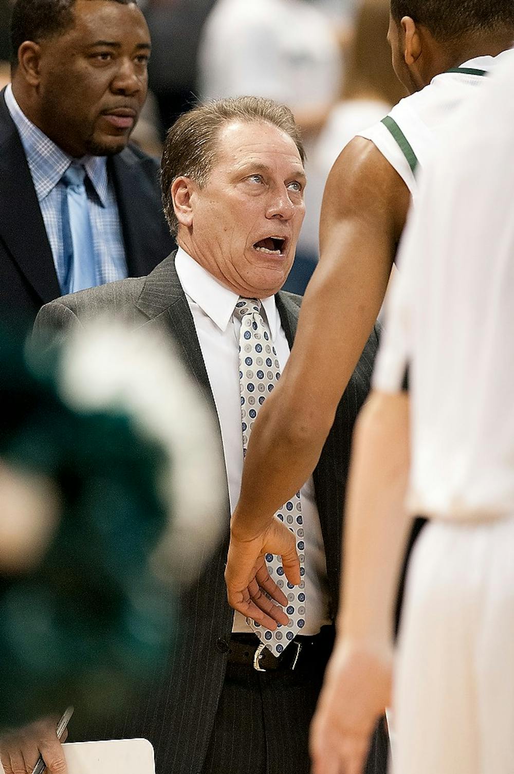 	<p>Men&#8217;s basketball head coach Tom Izzo has a discussion on the sidelines with several members of the <span class="caps">MSU</span> team during the basketball game against Arkansas-Pine Bluff on Wednesday, Dec. 5, 2012, at Breslin Center. The Spartans defeated Arkansas-Pine Bluff 76-44 and are due to play again on Saturday, Dec. 8, 2012, against Chicago Loyola. Danyelle Morrow/The State News</p>