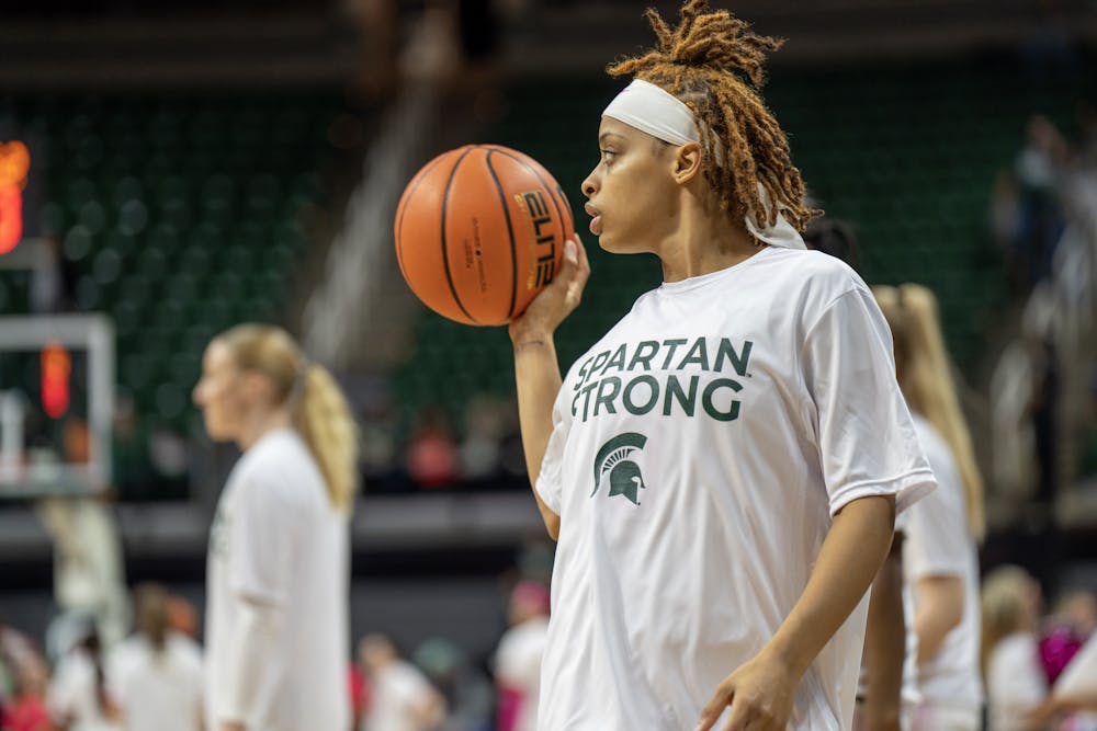 <p>Sophomore guard DeeDee Hagemann wearing her Spartan Strong shirt before the start of the Maryland game on Feb.18, 2023. The Spartans would go on to lose 61-66.</p>