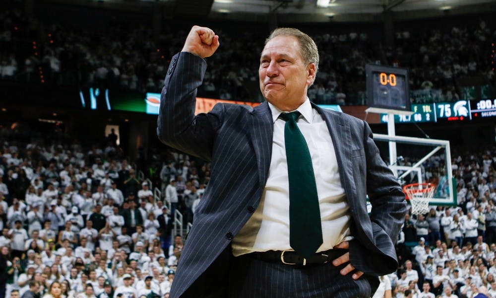 <p>MSU Men&#x27;s Basketball Head Coach Tom Izzo raises a hand to the crowd after the game against Michigan at Breslin Center on March 9, 2019. The Spartans defeated the Wolverines, 75-63.</p>