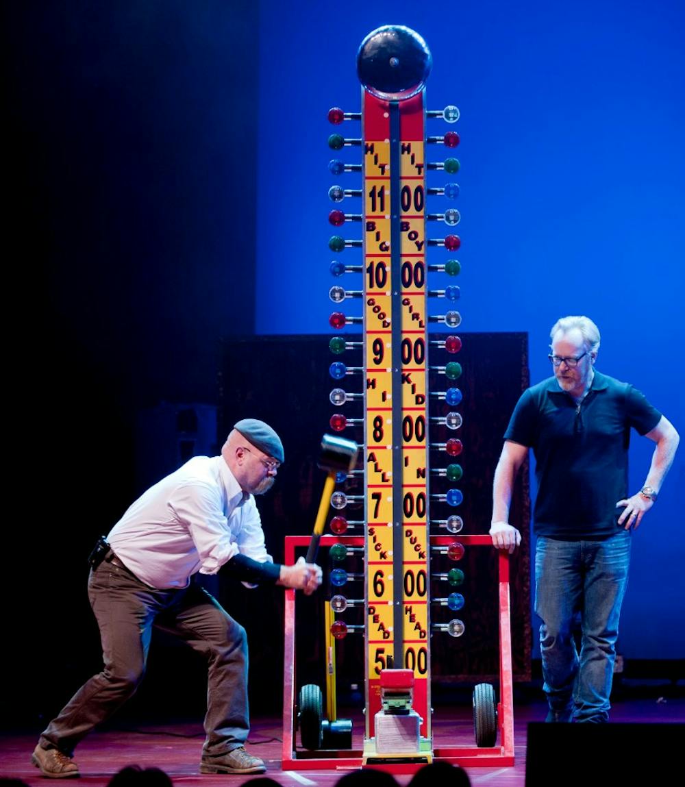 	<p>Adam Savage and Jamie Hyneman, co-hosts of the Discovery Channel series “MythBusters,&#8221; will bring their live show, “MythBusters: Behind the Myths,” to East Lansing at 3 p.m. and 8 p.m. Saturday in Wharton Center’s Cobb Great Hall.</p>