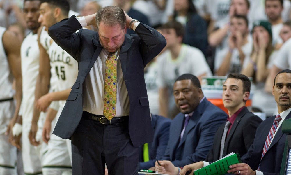 Head coach Tom Izzo reacts during the game against Illinois on Jan. 14, 2016 at Breslin Center. The Spartans were defeated by the Hawks, 76-59 .