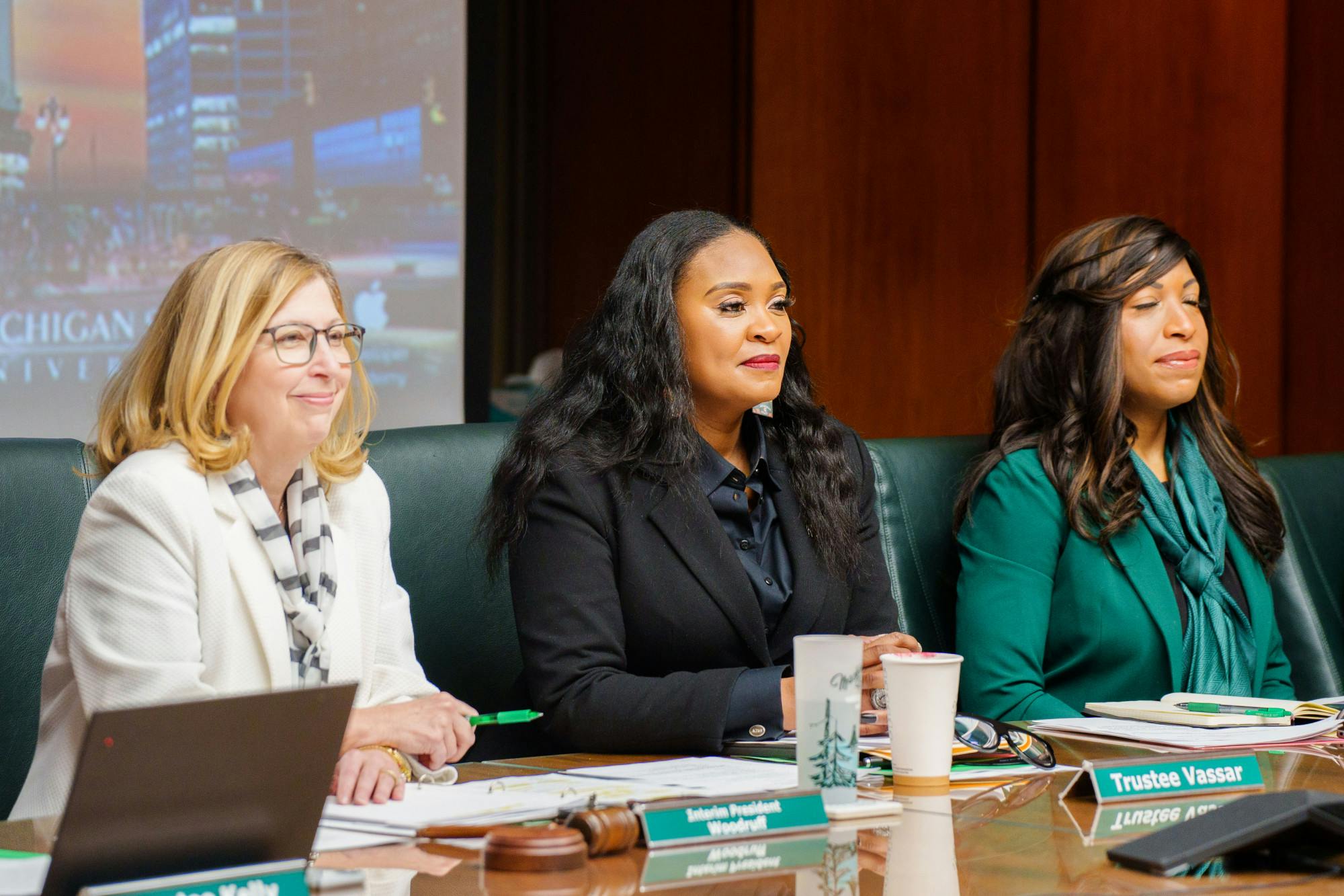 <p>MSU Interim President Woodruff alongside Trustee's Vassar and Scott listening to public comments during a Board of Trustees meeting, held at the Hannah Administration Building on Feb. 10, 2023.</p>