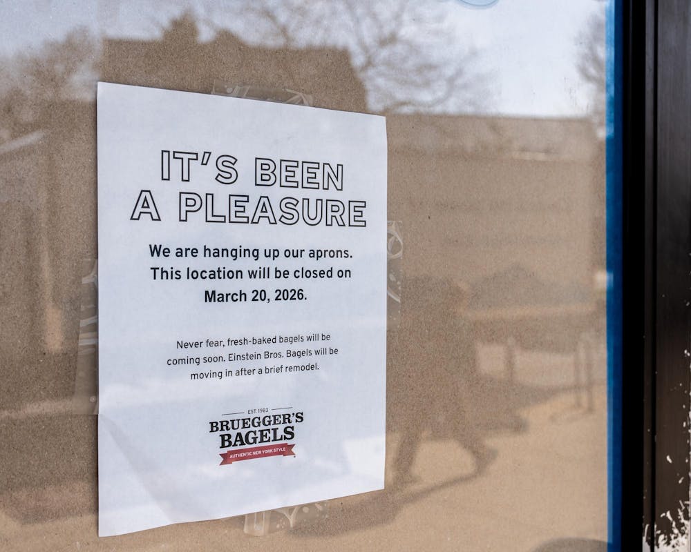 <p>Brueggers Bagels hangs a sign notifying the public of its closing on Grand River Ave. in East Lansing, MI on March 25, 2026.</p>