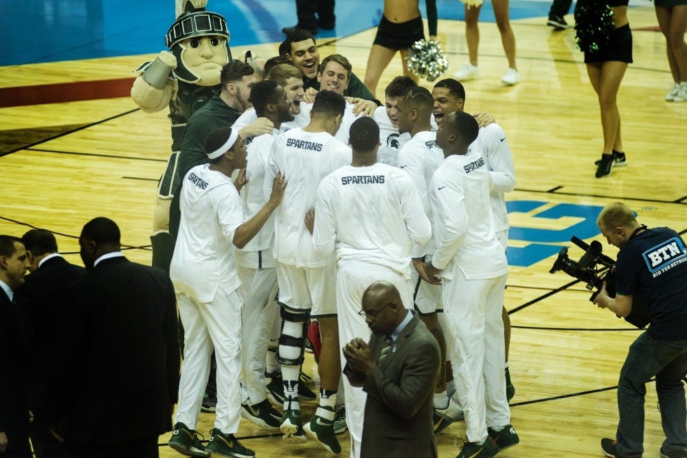 <p>The Spartans huddle before the game against&nbsp;Pennsylvania State University&nbsp;during the second round of the Big Ten Tournament on March 9, 2017 at Verizon Center in Washington D.C. The Spartans defeated the Nittany Lions, 78-51.</p>