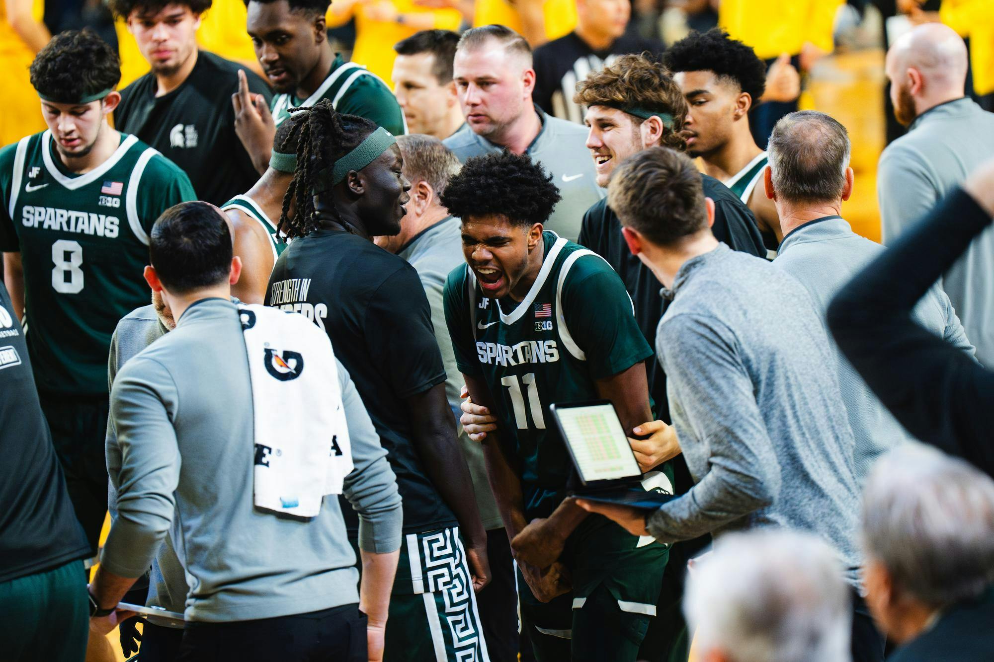 <p>Michigan State freshman guard Jase Richardson (11) celebrates after back-to-back scores against Michigan at the Crisler Center on Feb. 21, 2025.</p>