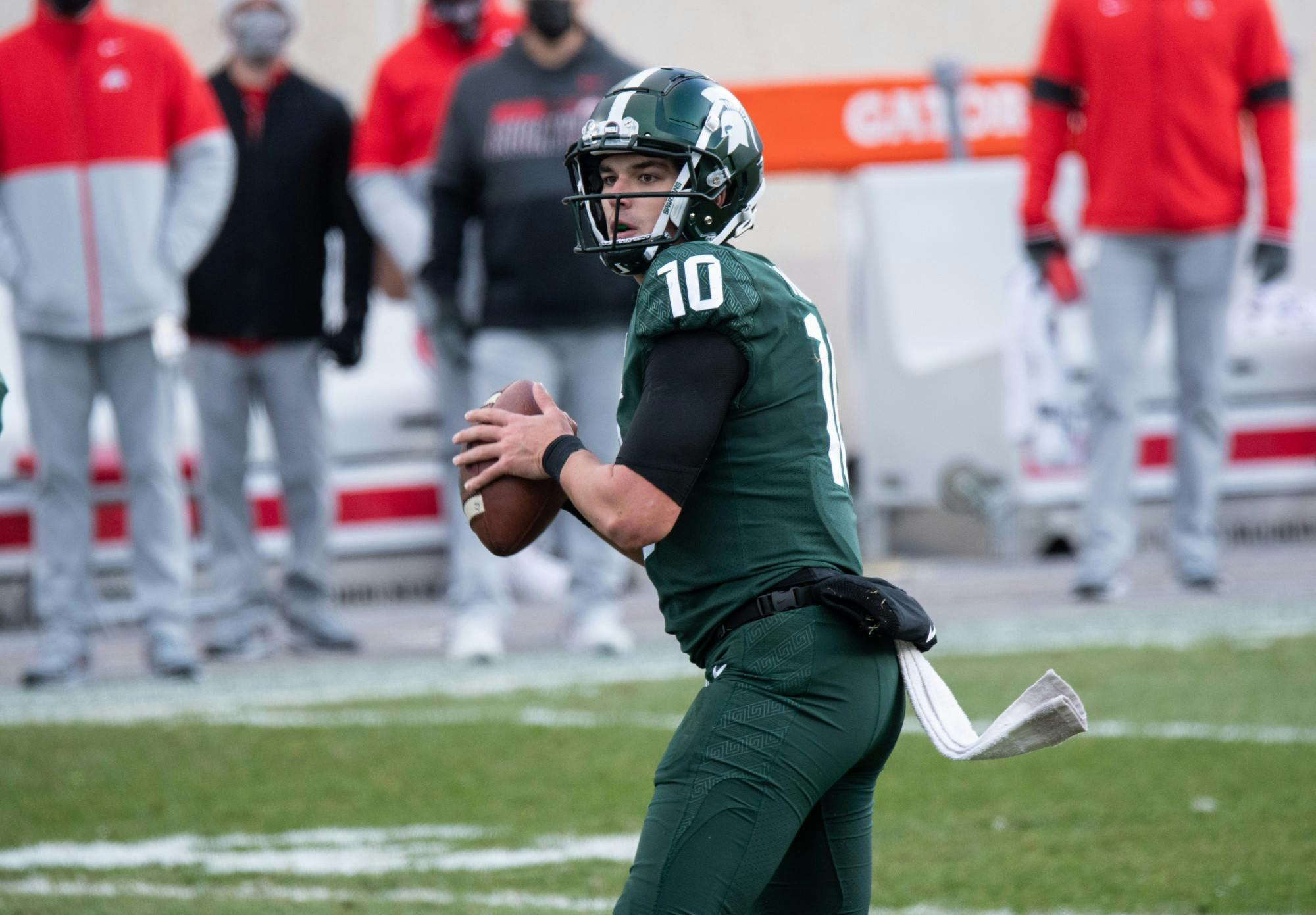 MSU's quarterback Payton Thorne, from Naperville, IL, looks downfield in a game against OSU on Dec. 5, 2020.